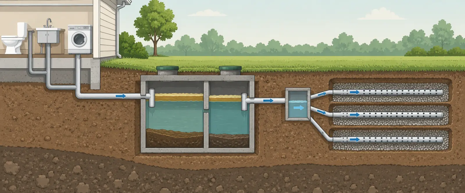 Diagram showing wastewater flowing from a house through a septic tank to a drainfield