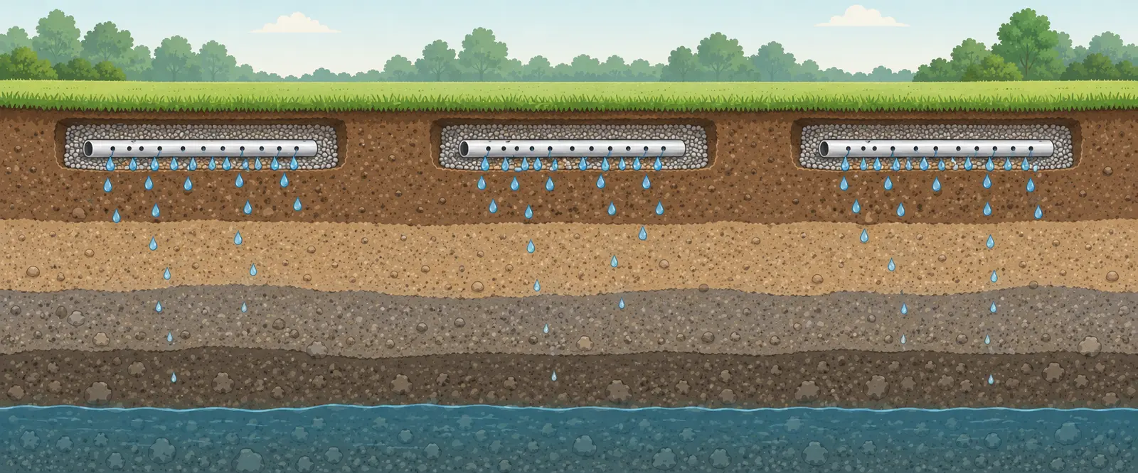 Drainfield pipes dispersing effluent through unsaturated soil above groundwater