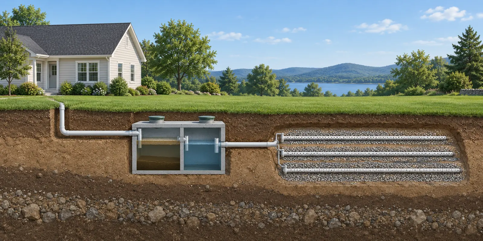 Cutaway view of a house, septic tank, and underground drainfield
