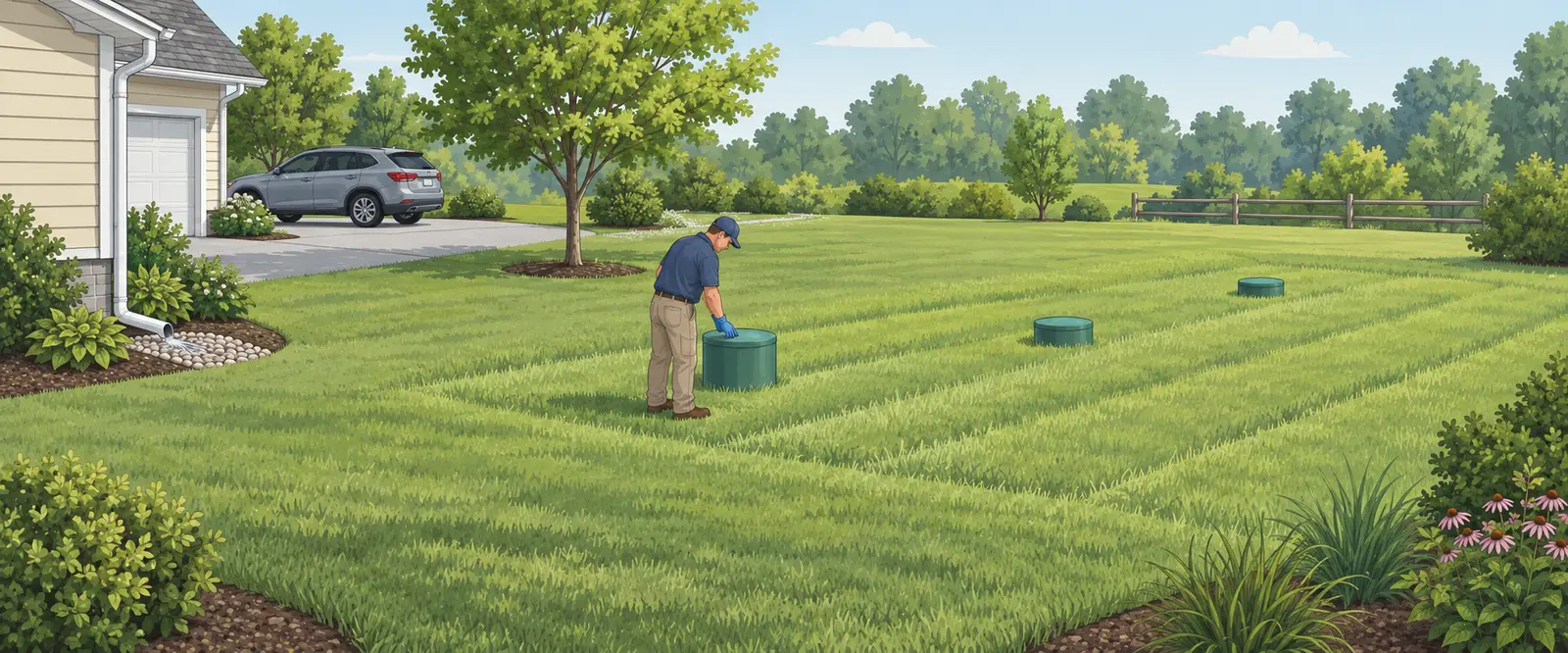 Septic professional inspecting a riser in a protected grassy drainfield