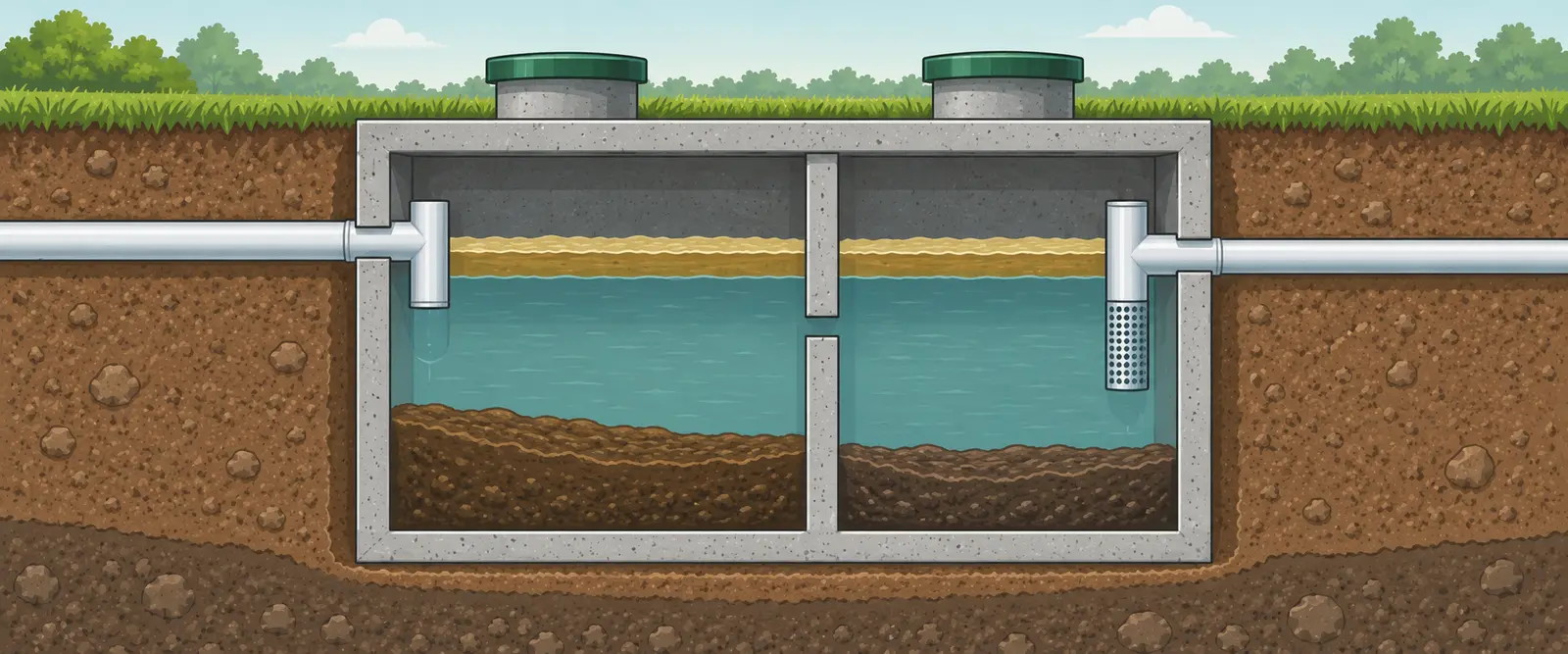 Cutaway diagram showing scum, effluent, and sludge layers inside a two-compartment septic tank